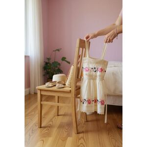 Vintage 90s BOHO Baby Dress Tan Mexican Embroidered Floral